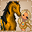 Pixelated image of a brown horse with black mane standing beside a blonde girl in tan dress holding blue star, background beige.