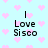 Light blue background with pink pixelated hearts; black text reads "I Love Sisco" in two vertical with heart patterns shifting between frames