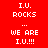 Red and black pixelated text displays 'I.U. ROCKS', 'WE ARE I.U!!!', and ellipses in a pattern with alternating background colors