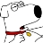 Pixelated figure with white body, red belt, black circular head, and yellow object held in hand.