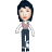 Pixelated character with short black hair, light skin, and red lips wearing a white shirt under a pink vest and dark pants against a gray background.