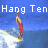Animated sequence of a person surfing on blue water with white spray, text "Hang Ten" in pixelated font above.