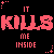 A 5x5 contact sheet of animated frames showing a pixelated text-based animation with repeated phrases and color variations on a black background.