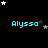 Pixelated cyan text 'Alyssa' appears below scattered white and gray stars on a black background, with a gray rectangle in the bottom-right corner.