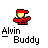 Pixelated icon of a character in red attire with a yellow face, positioned above stylized text reading 'Alvin Buddy' on a gray background.
