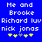 Blue background with white pixelated text reading "Me and Brooke Richard luv nick jonas" in two identical side-by-side , each ending with four yellow plus signs and one gray plus sign