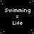Black background with white pixelated text reading "Swimming = Life" repeated in a pattern, some instances ending with periods or colons