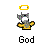 Pixelated character with gray head, white face, yellow robe, and yellow halo above, labeled 'God' below, with three distinct arm poses across frames.