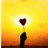 A pixelated hand holds a dark red heart-shaped object against a yellow-to-orange gradient background.