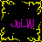 Yellow pixelated border with four purple 'JOLW!' texts on black background, no visible animation changes.