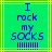Green background with yellow lines and blue pixelated text reading "I rock my socks" above a of vertical bars