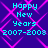 Pixelated text reads 'Happy New Years 2007-2008' on a purple background with pink diamond patterns, displayed in four identical quadrants.