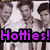 Three pixelated figures in white shirts with dark hair stand side-by-side under a bright light source, overlaid by bold purple text reading 'Hotties!' on black background.