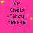Pink background with repeated text and star animations; text reads 'KK Chels +Rissy =BFF4E' in black pixelated font with yellow and pink stars moving across the frame.