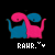Pixel art of two dinosaurs in a hug, pink and blue, with 'RAWR.' text below each. The heart symbol alternates between white and cyan across frames.
