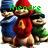 Pixelated cartoon character in red hoodie with yellow number 4, flanked by two blue-hatted figures holding green objects, text overlays change across frames.