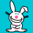 Pixelated cartoon bunny with black-and-white striped body, pink nose and belly, blue eyes, raised arms, and one ear flopped down on a solid cyan background.