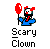 Pixelated character with red hair, white face, and blue outfit holding red balloon, displaying multiple poses including standing, sitting, and speaking with 'HEH' text bubble.