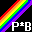 Two side-by-side pixel art images with diagonal rainbow stripes on black backgrounds, each displaying 'P±B' text with a small yellow accent on the plus sign in the right image.