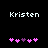 Pixelated text 'Kristen' appears above two of pink and purple heart icons on a black background
