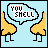 Pixelated cartoon characters with yellow bodies and black legs stand side-by-side against a light blue background, each holding a speech bubble containing "YOU SHELL" text.