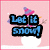 Pixelated snowman with pink-and-purple striped hat and scarf, orange carrot nose, black eyes, and stick arms against pink background with white dots.