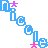 Pixelated pattern of repeating stylized text and stars in blue, pink, purple hues on white background with no visible motion changes.
