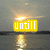 Yellow text overlays on a sunset scene with water reflection, displaying sequential phrases about the sun setting.