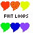 A 4-frame animated contact sheet of pixel art heart icons with text labels, showing two distinct color schemes and animation cycles on a white background.