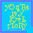 Blue square with pink border contains yellow pixelated text reading "you're my love story" with a small pink heart in bottom-right corner.