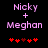 Pixelated text 'Nicky + Meghan' in pink above red heart symbols on black background, with heart positions shifting between frames.