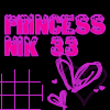 Pink pixelated text 'PRINCESS NK 33' above a grid and heart symbols on black background.