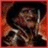 Pixelated image of a person in dark clothing with a wide-brimmed hat holding a sword, set against red and gray background with text