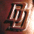 Pixelated icon with abstract brown and black shapes on a dark red background, featuring a central light-colored vertical element.