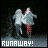 Animated sequence of two figures running away from the viewer against a dark background with red splatters and 'RUNAWAY!' text.