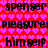 Pixelated text repeats across a red and pink heart-patterned background with visible animation changes between frames.