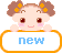 Pixelated cartoon character with brown hair and orange flower clips holding a white sign with blue text reading 'new' against a gray background.
