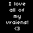 Pixelated text on black background with pink highlight boxes cycling through different words in the phrase "I love all of my vriaiens! <3".