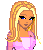 Pixel art of a blonde woman in a pink striped dress with platform shoes, holding a microphone and standing next to text reading 'Baby Girl' on gray background.