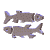 Pixelated fish icons in various poses and arrangements on a white background, with some showing multiple fish per icon.