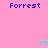 Pink background with blue 'Forrest' text and cyan hearts; gray rectangle appears in lower-right corner.