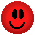 Two pixelated circular icons with black eyes and smiling mouths, one red on left, one yellow on right against gray background.