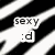 Pixelated black-and-white icon with diagonal striped background, featuring 'sexy' text above a ':d' emoticon in white rectangular boxes.