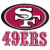 A static contact sheet showing two frames of an animated icon: left frame features the San Francisco 49ers logo with "49ERS" text, right frame displays green pixelated text on a dark background.