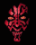 Red pixelated mask with glowing orange eyes on black background, transitioning to dark brown eyes in second frame.