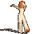 Animated sequence of a figure with long orange hair in white patterned clothing performing various poses against gray background.