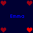 Pixelated red hearts and blue text 'Emma' on a dark blue background with heart-shaped icons arranged in a pattern