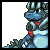 Pixel art of a blue dragon knight in profile, wearing green armor with red accents and a helmet, standing against a light gray background.