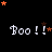 Black background with repeated 'Boo!!' text in white pixelated font, scattered orange and brown stars, gray rectangle partially visible on right edge.