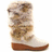 Static image of a light brown and white fur-lined boot with a brown sole against a black background, accompanied by pixelated text.